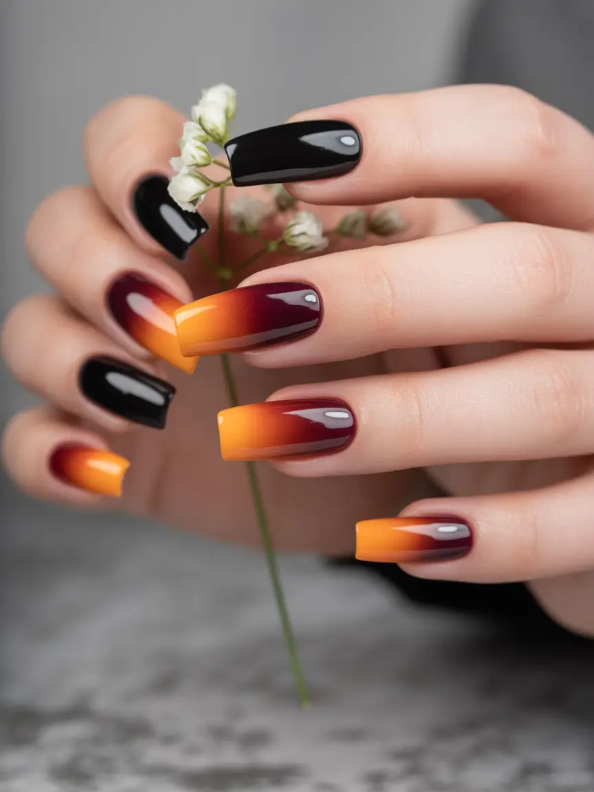 Fall nail colors for medium skin+Glossy Noir and Sunset Ombre Squares