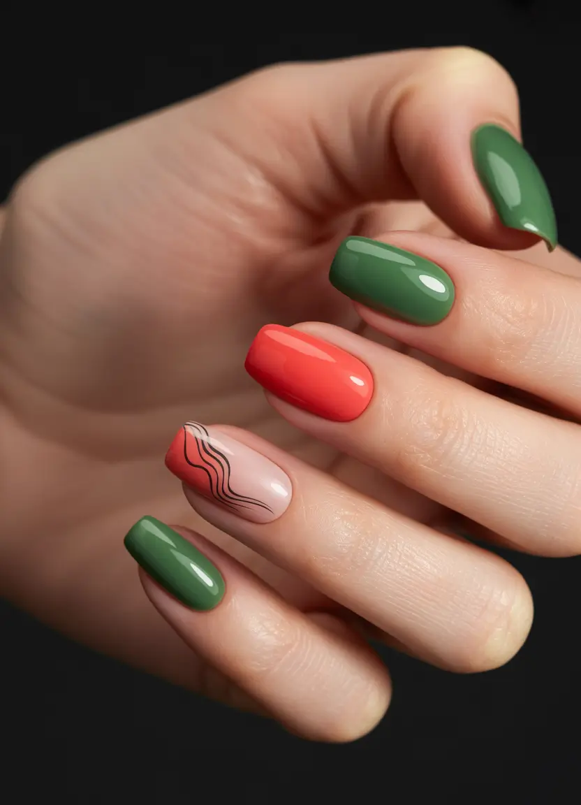Fall nail colors for medium skin+Olive and Coral Mix with Abstract Linework