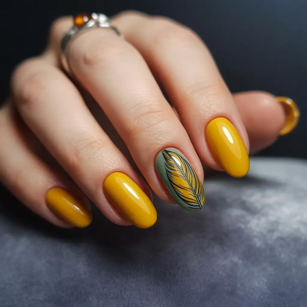 Fall nail colors for medium skin+Golden Mustard with Stylized Leaf Accent