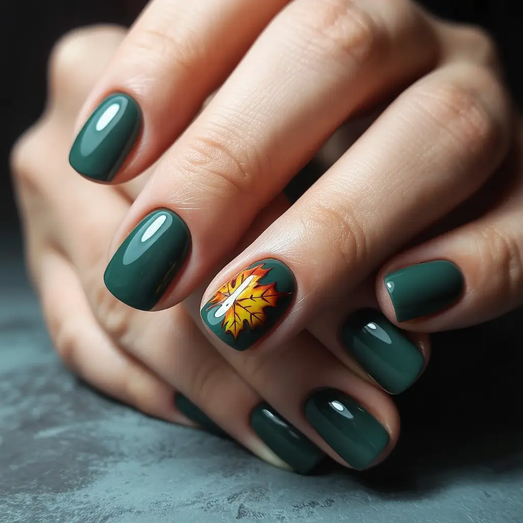 Fall nail colors for medium skin+Deep Evergreen with Autumn Leaf Accent