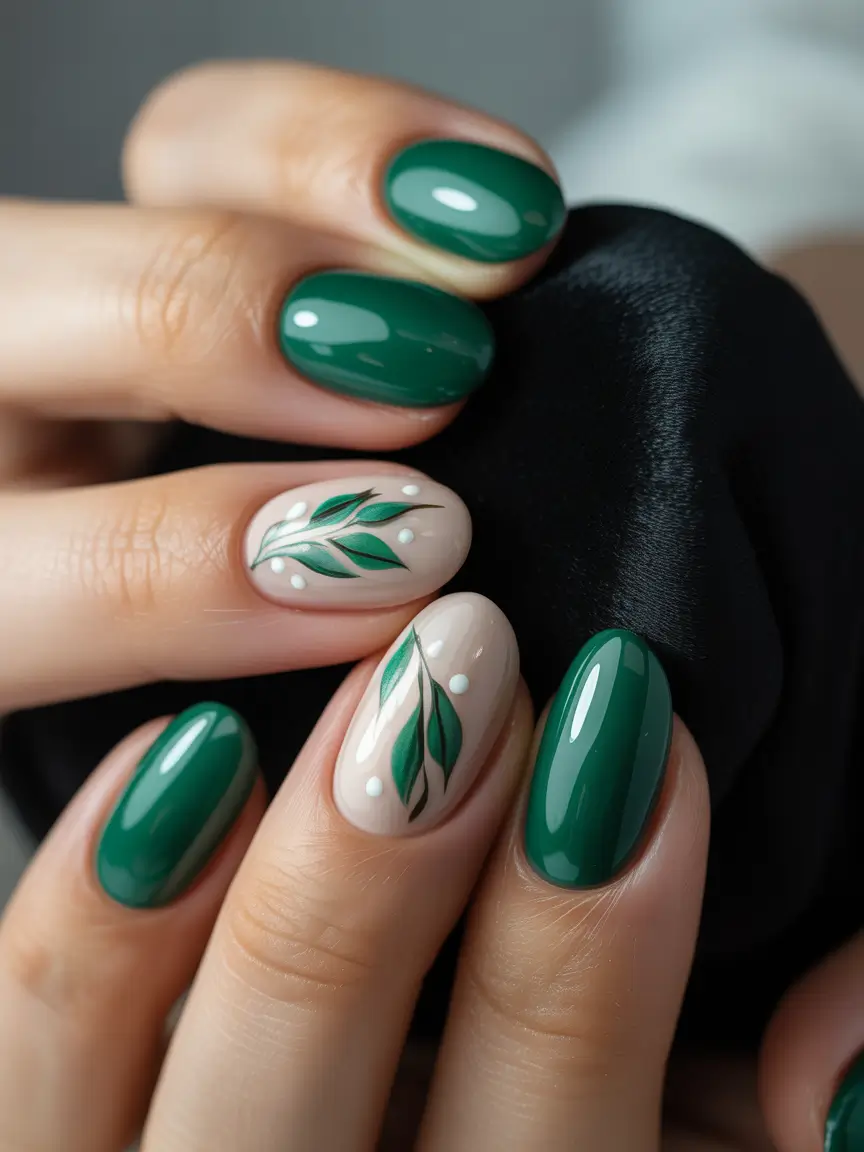 Fall nail colors for medium skin+Emerald Gloss with Leaf Motif on Nude Base