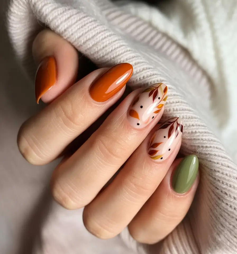 Fall nail colors for medium skin+Warm Cinnamon and Falling Leaves with Olive Accent