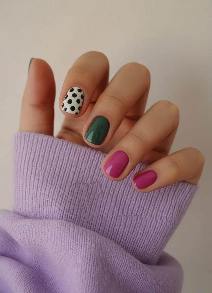 Fall nail designs 2025 Unexpected Harmony: Mauve, Green & Polka Dots