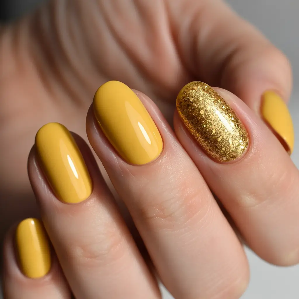 Fall nail designs 2025 Golden Mustard Shine