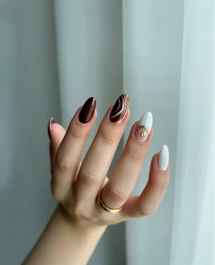 Fall nail designs 2025 Marble Mocha & Pearl Accent