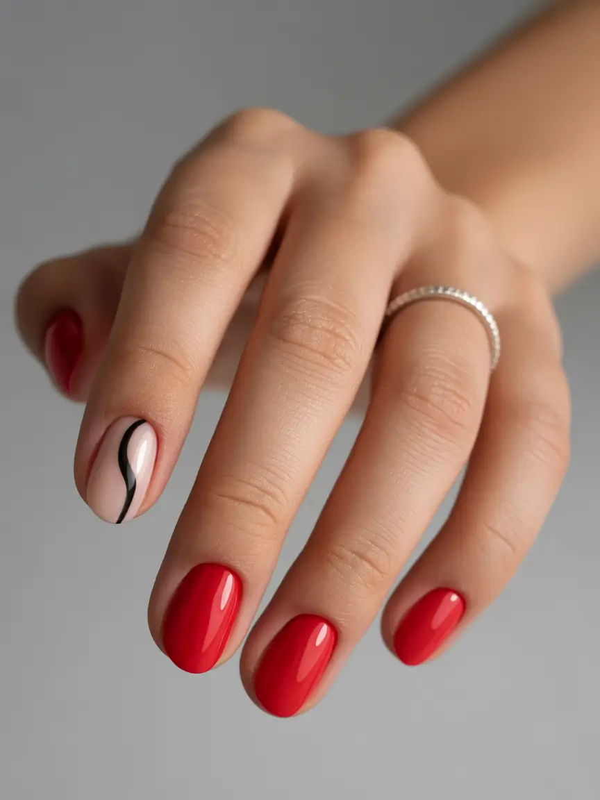 Fall nail designs 2025 Cherry Red Meets Modern Linework