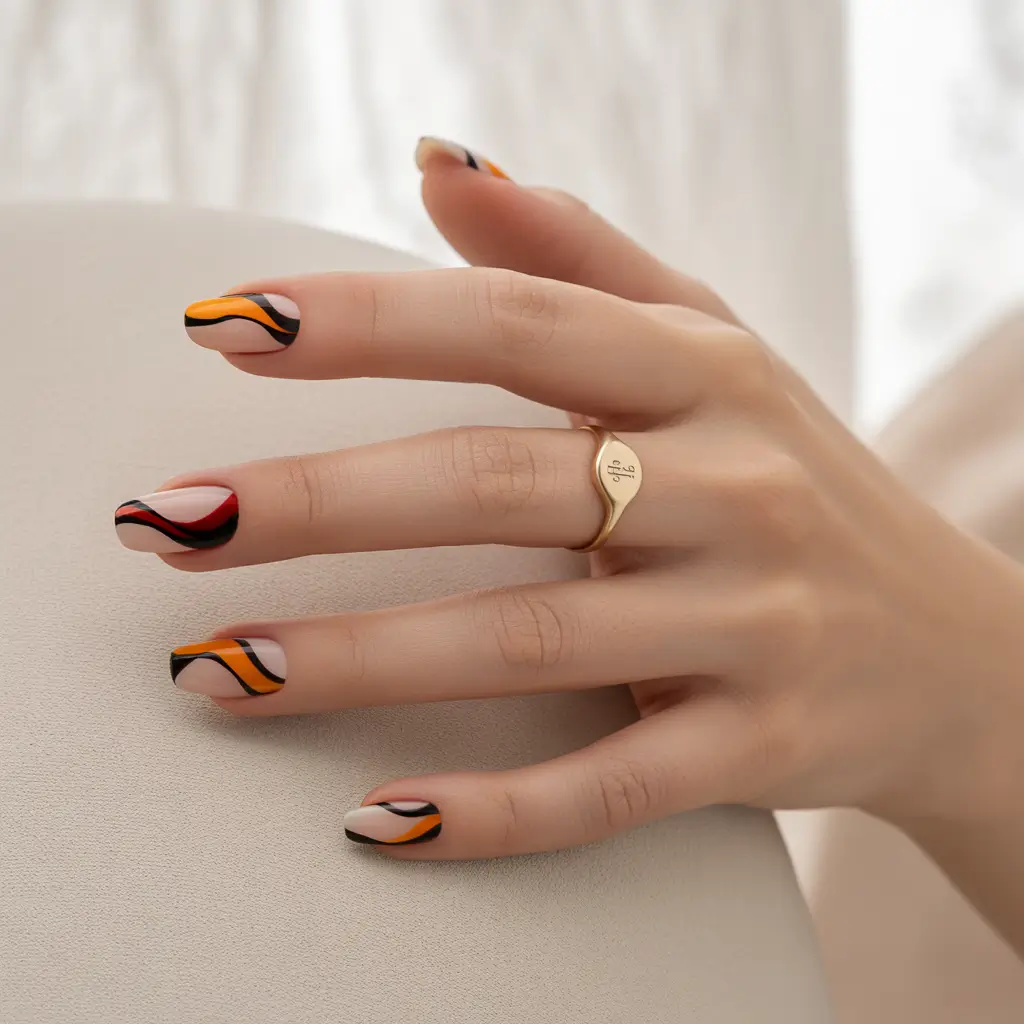 Fall nail designs 2025 Burnt Orange Waves with a Hint of Retro