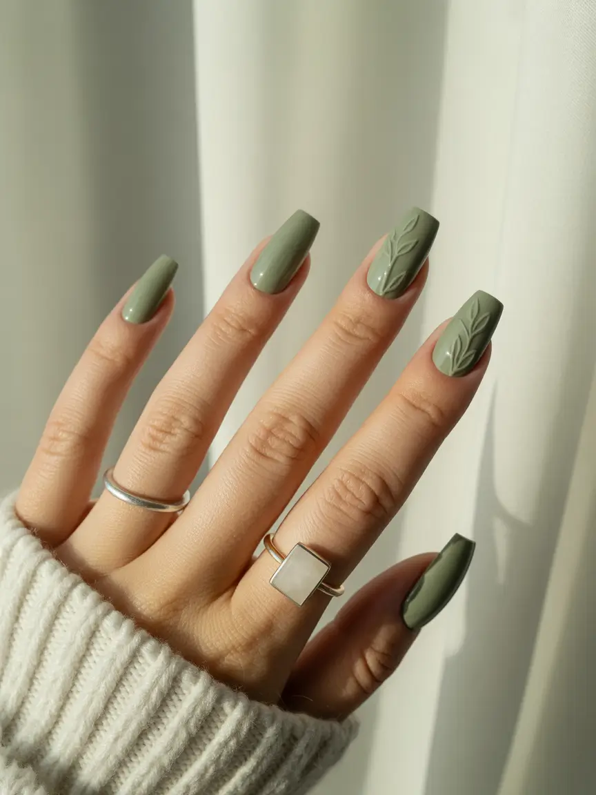 Fall nail designs 2025 Matte Olive Minimalism with Botanical Texture