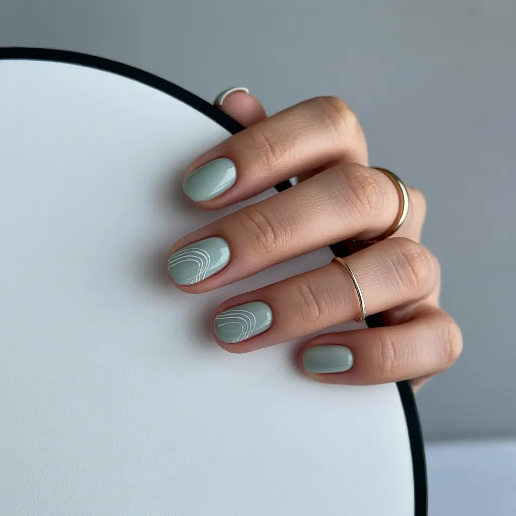 Fall nail designs 2025 Soft Sage Circles with Micro Line Art