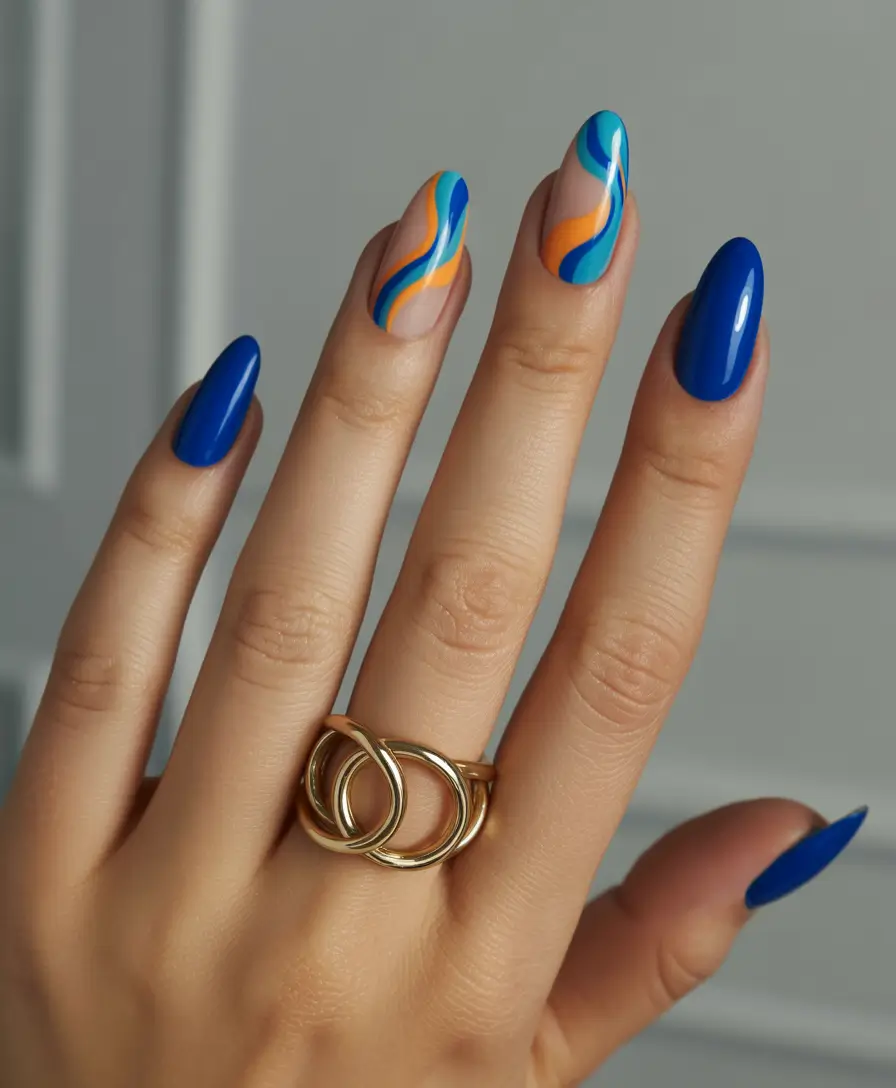 Fall nail designs 2025 Electric Blue Meets Sunset Swirl