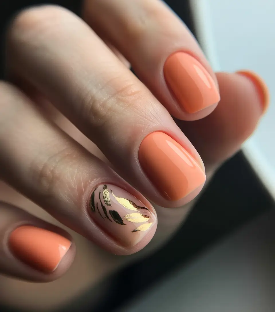 Fall nail designs 2025 Peach Luxe with Gold Foil