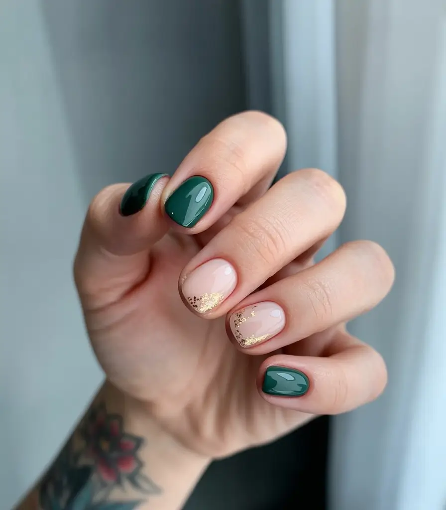 Fall nail designs 2025 Forest Green & Foil Gold Mix