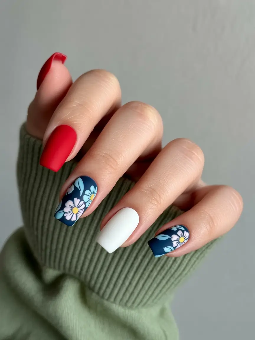 Fall nail designs 2025 Matte Mix: Red Meets Hand-Painted Blooms