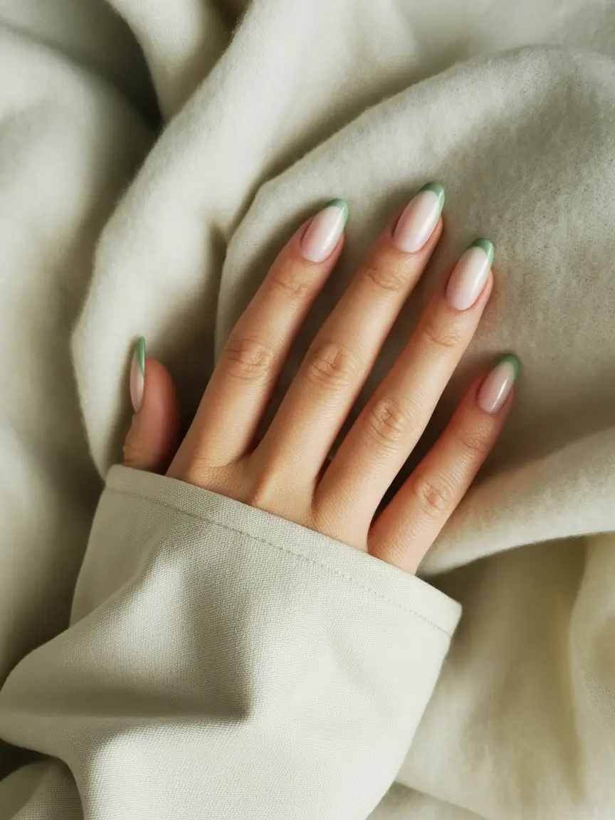 Fall nail designs 2025 Whisper Green French on Blushed Base