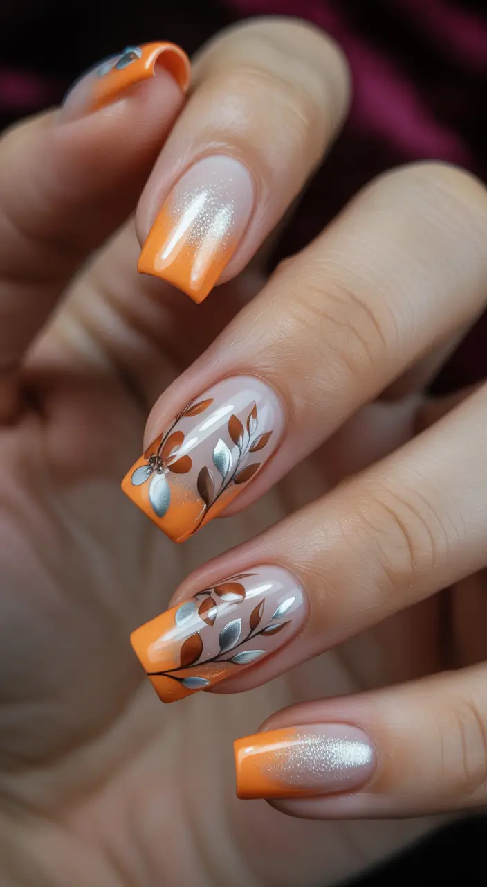 Fall nail designs 2025 Harvest Orange with Metallic Leaf Art