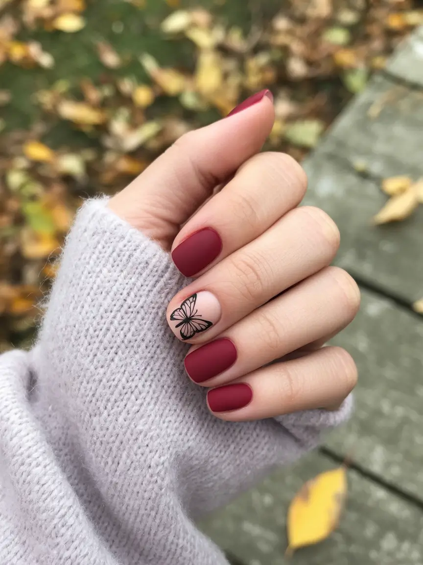 Fall nail designs 2025 Cherry Matte with Butterfly Accent