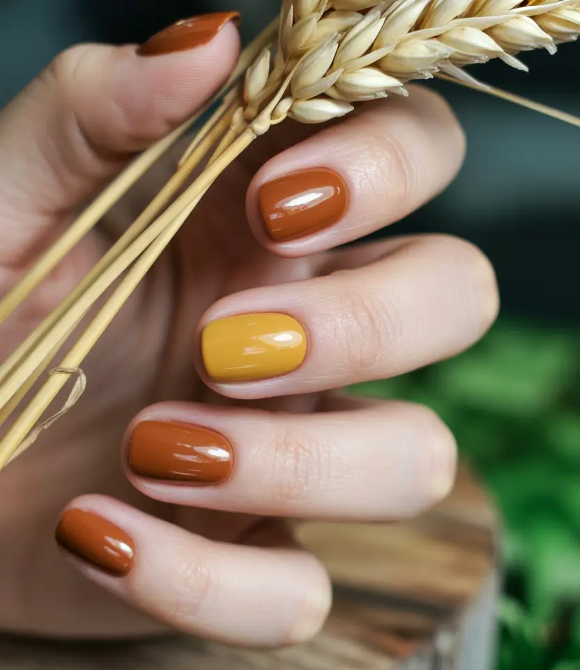Fall nail designs 2025 Golden Ochre & Caramel Micro-Color Blocking