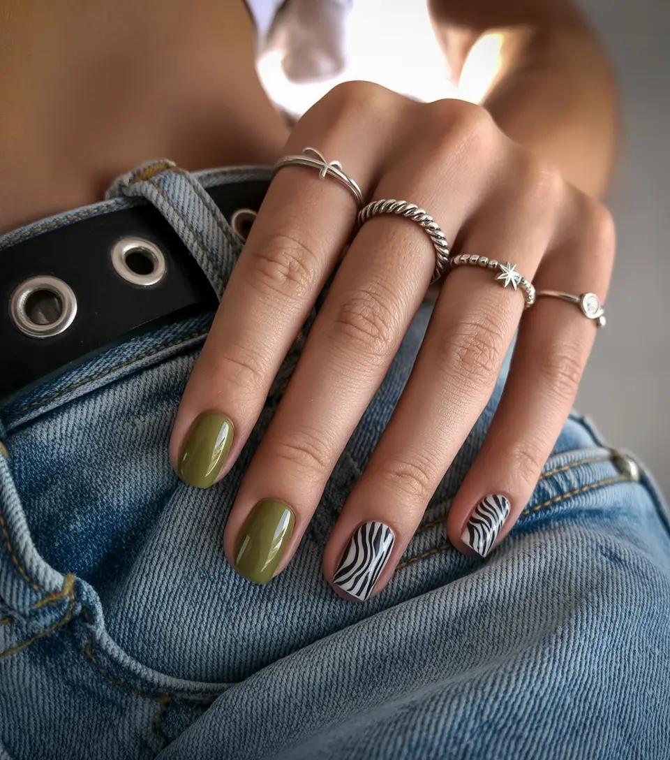 Fall nail designs 2025 Olive Gloss Meets Zebra Cool