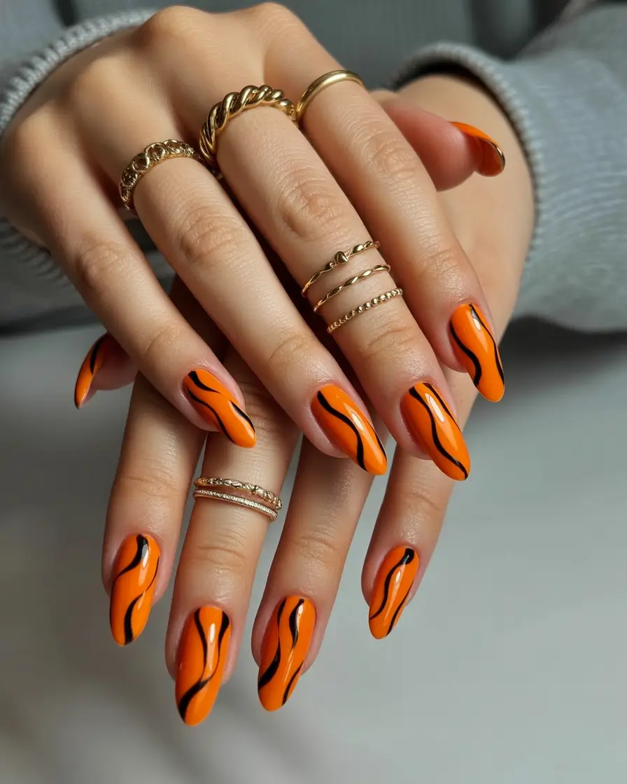 Fall nail designs 2025 Molten Fire: High-Impact Orange & Black Waves