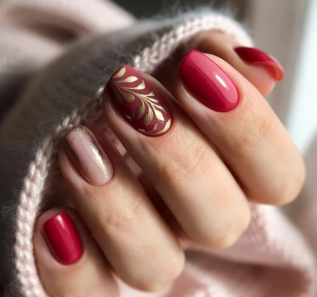 Fall nail designs 2025 Cherry Red with Gold Leaf Art