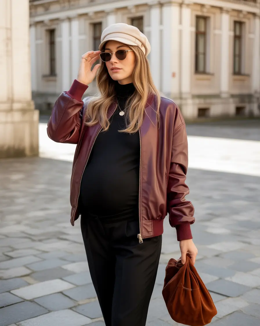 fall outfits for pregnant women Retro Leather and Structured Confidence