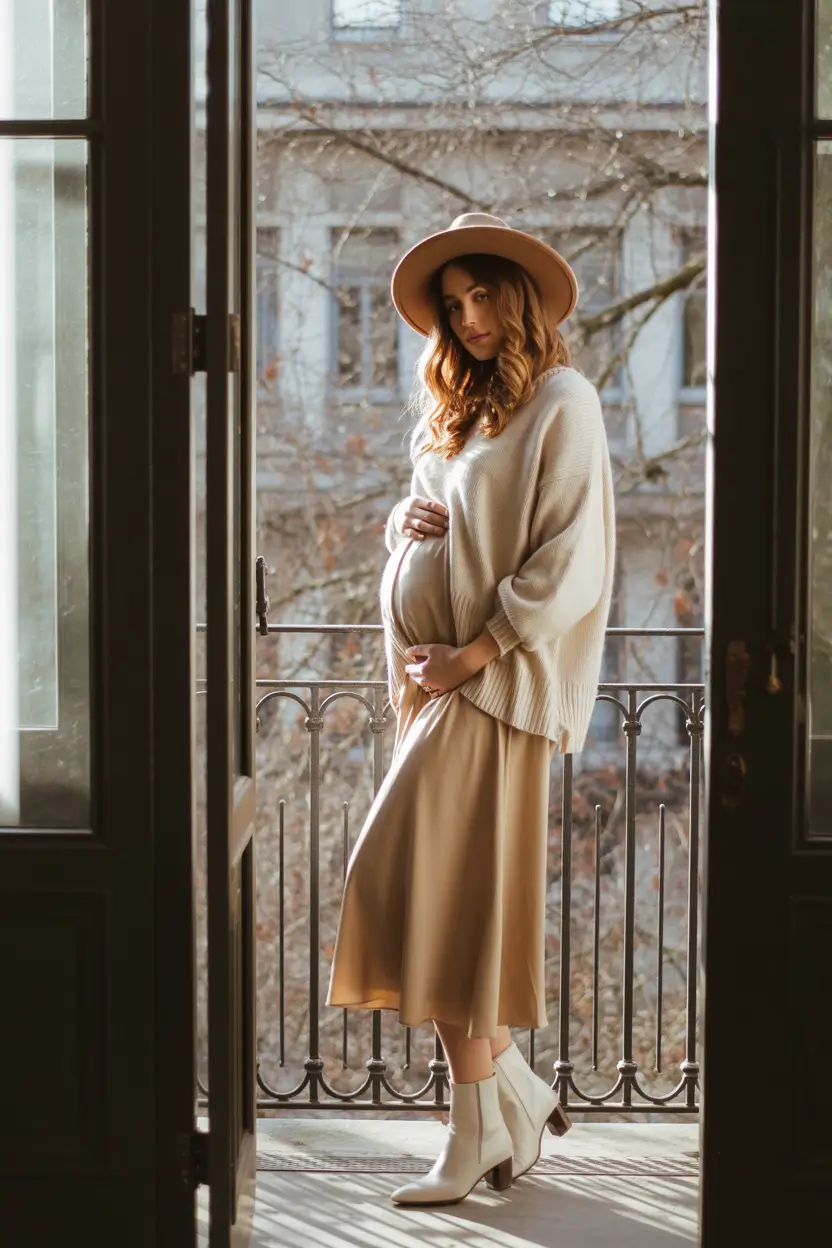 fall outfits for pregnant women Earthy Elegance on the Balcony