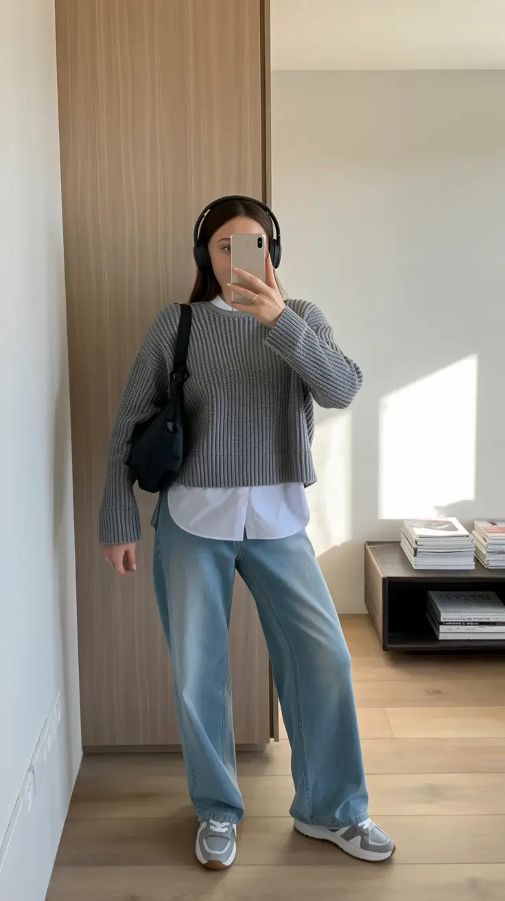 fall outfits for school 2025 Grey Sweater Layer Game On