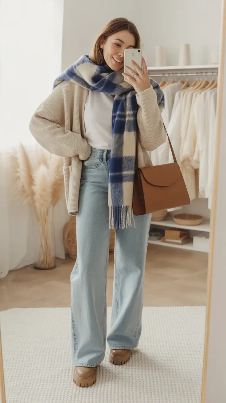 fall outfits for school 2025 Layered Neutrals & Blue Check Energy