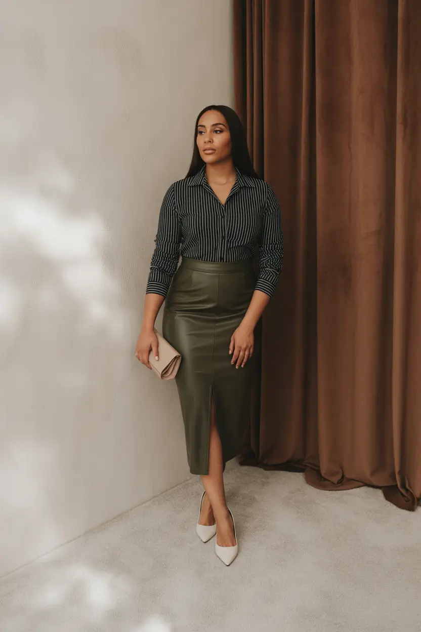 curvy fall outfits Pinstripes and Olive Elegance