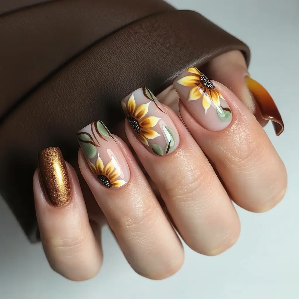 Fall Square Nails 2025 Sunflower Blooms With Golden Bronzed Accent