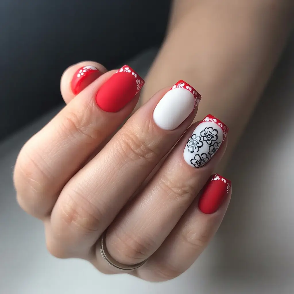 Fall Square Nails 2025 Folk Floral Meets Bold Red Contrast