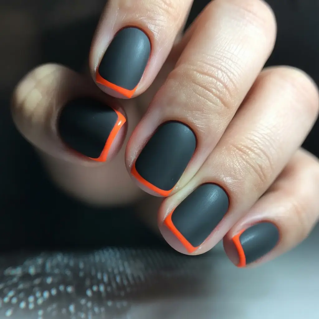 Fall Square Nails 2025 Charcoal French With a Neon Twist