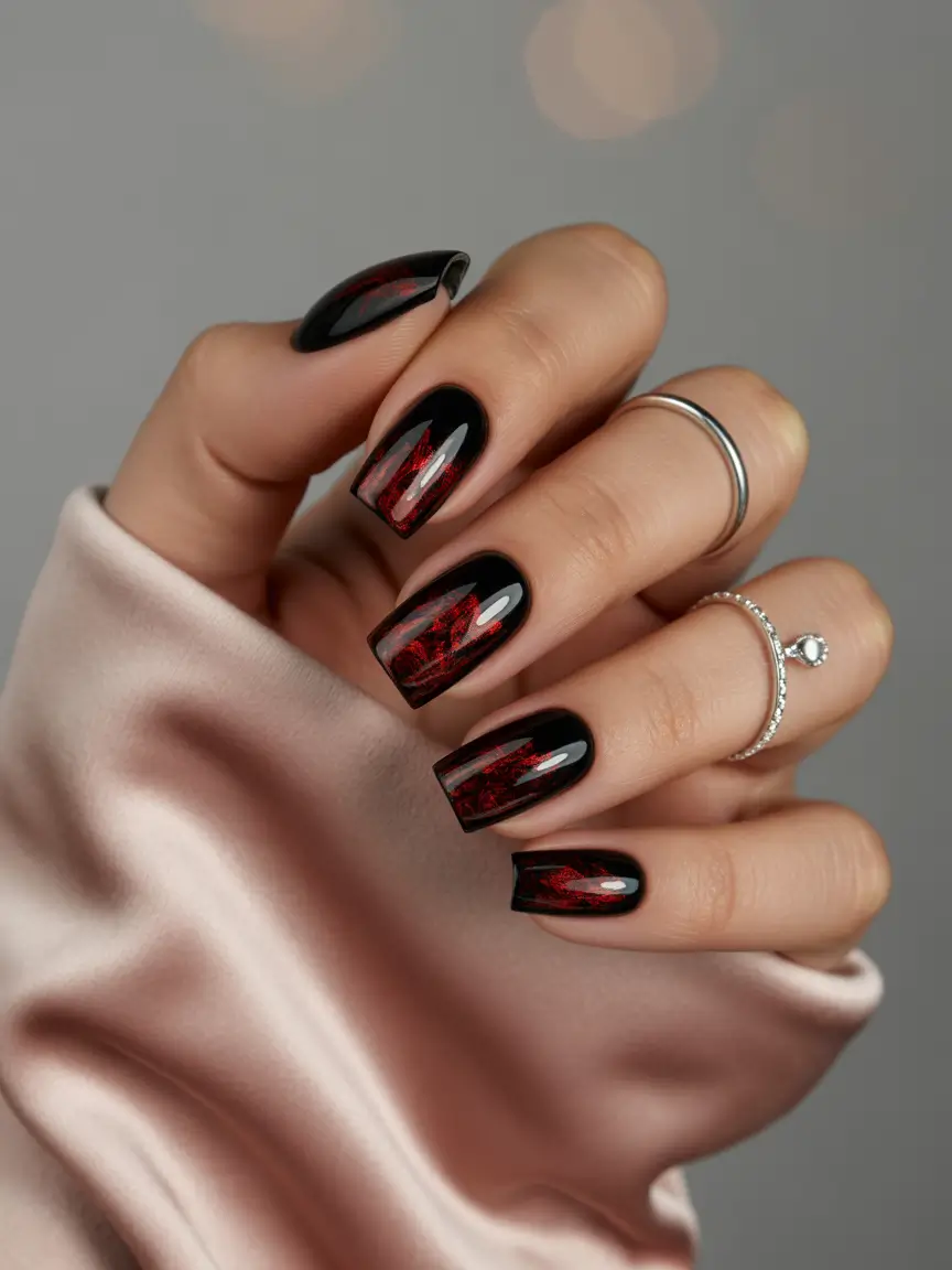Fall Square Nails 2025 Deep Black with Red Foil Lightning