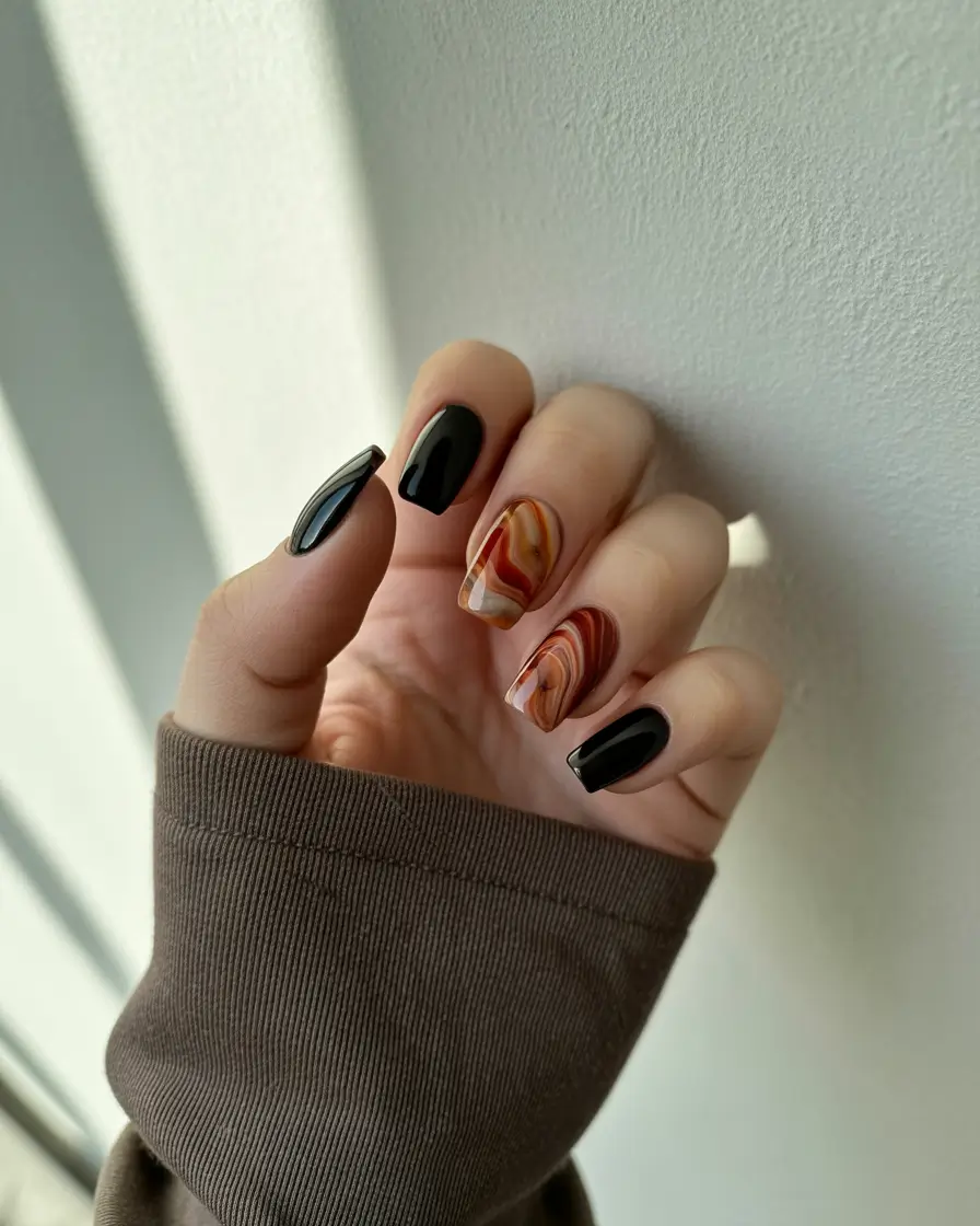 Fall Square Nails 2025 Molten Marble and Black Gloss Contrast
