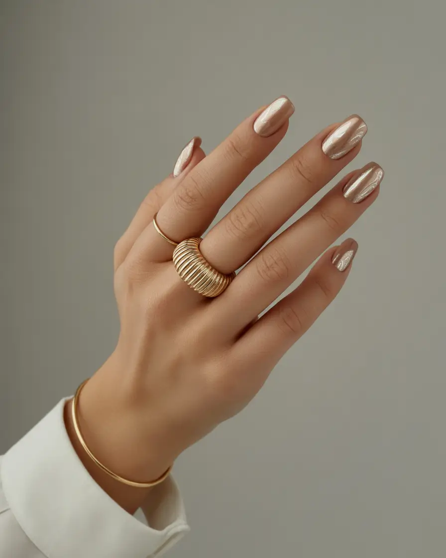 Fall Square Nails 2025 Soft Chrome with Champagne Sheen
