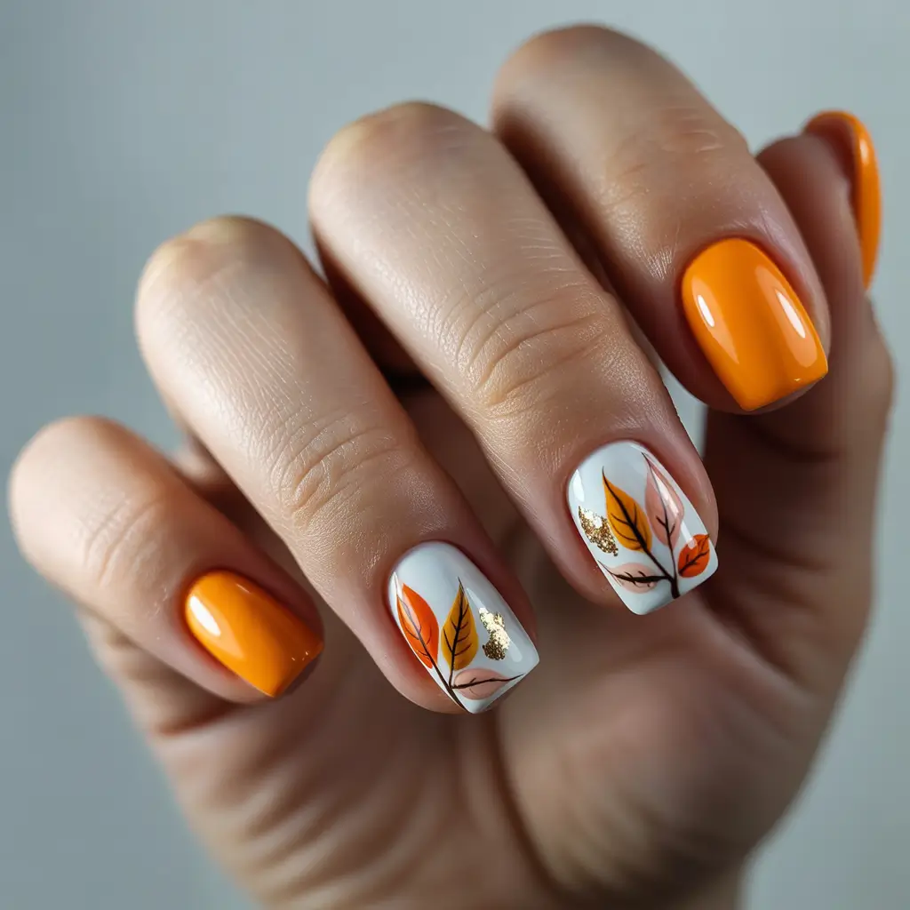 Fall Square Nails 2025 Harvest Orange and Leafy Accent Nails