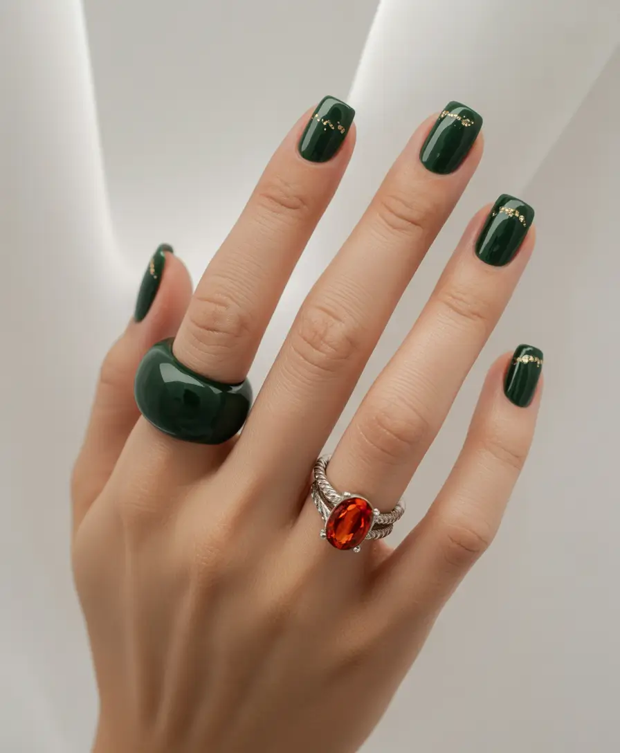 Fall Square Nails 2025 Dark Forest Green with Gold Dot Minimalism