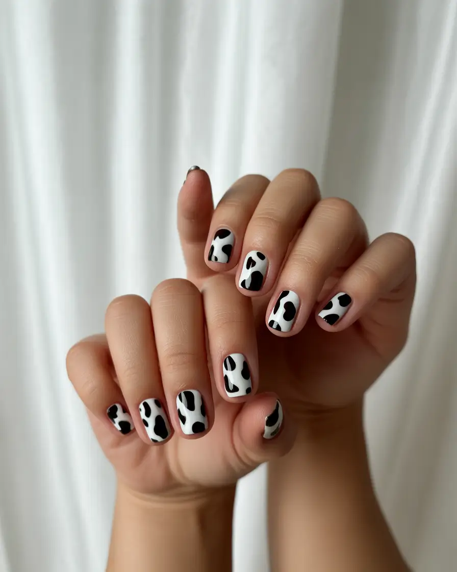 Fall Square Nails 2025 Monochrome Cow Print Meets Matte Simplicity