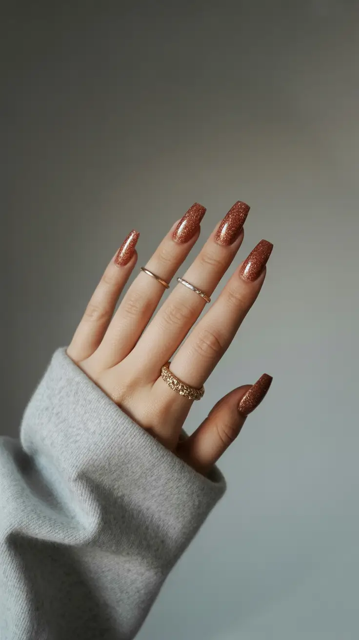 Fall Square Nails 2025 Toasted Copper Glitter on Long Square Tips