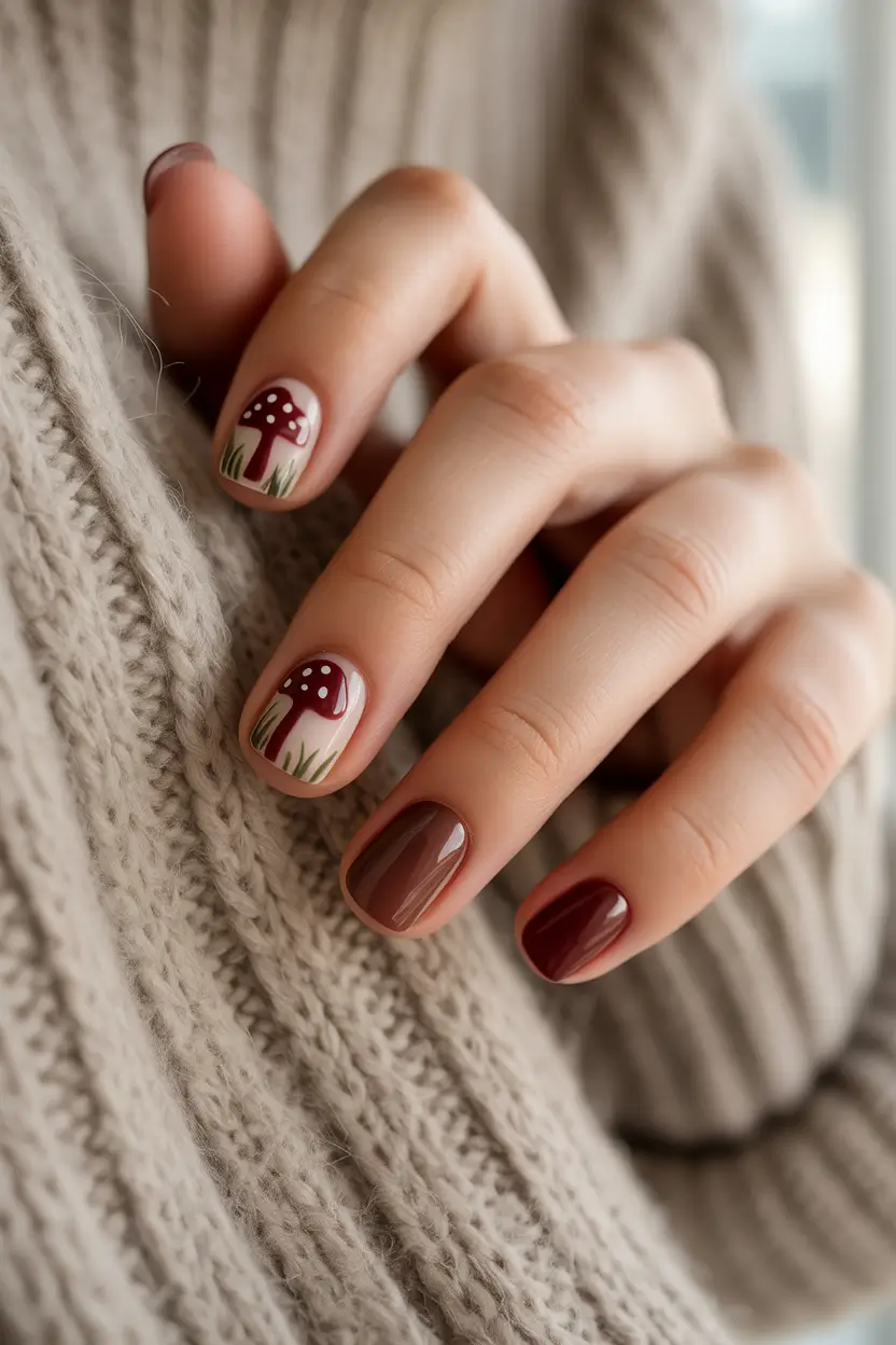 Fall Square Nails 2025 Woodland Mushrooms and Cozy Browns