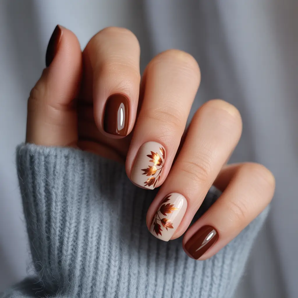 Fall Square Nails 2025 Golden Leaf Accents on Café Mocha Base