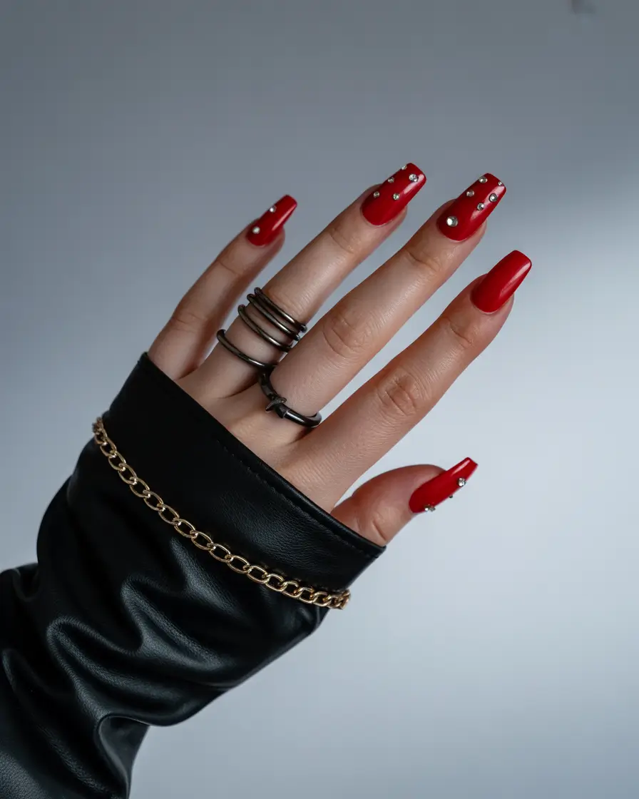 Fall Square Nails 2025 Glossy Red With Diamond Drop Accents