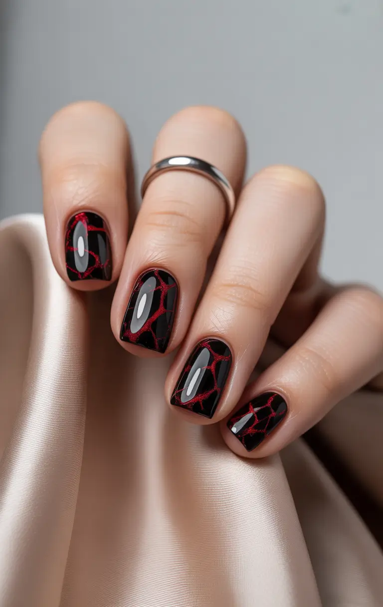Fall Square Nails 2025 Crimson Webbing on Glossy Onyx