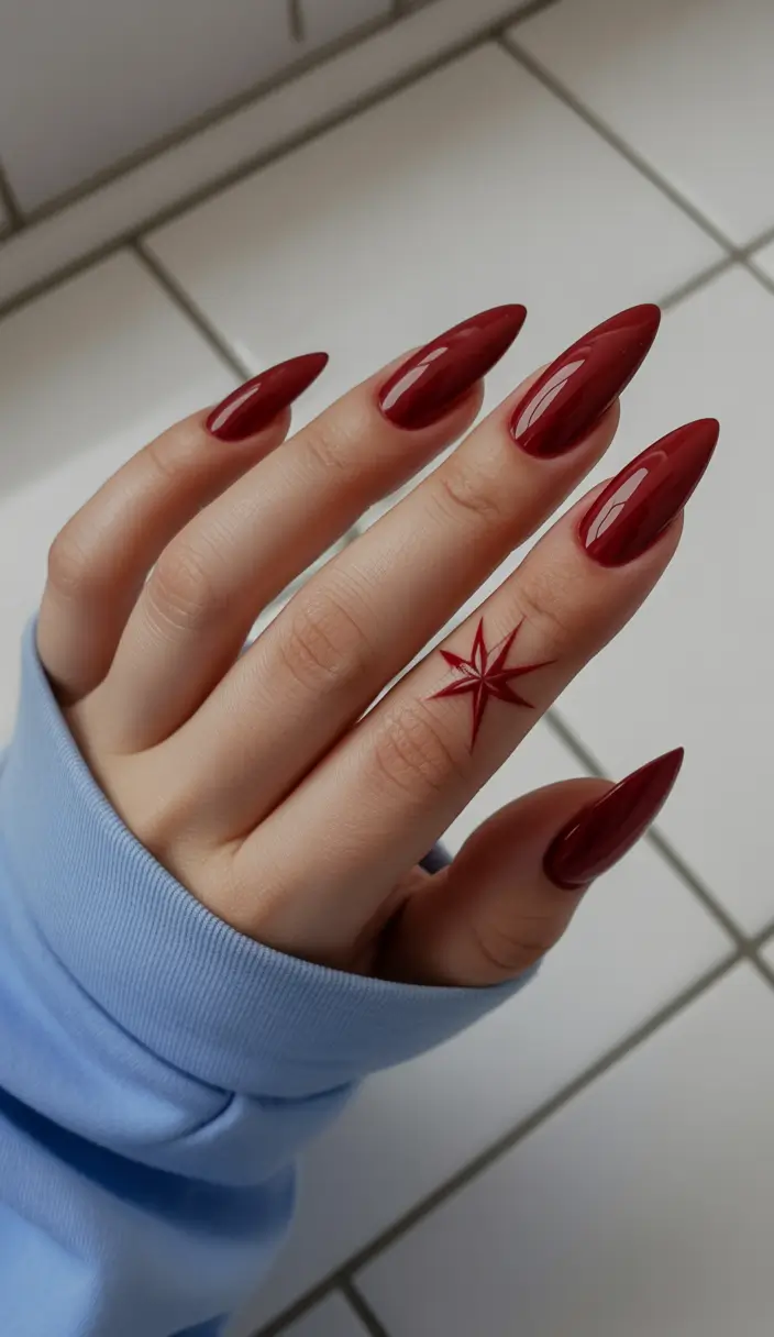 Fall stiletto nails 2025 Deep Crimson Drama with a Touch of Ink
