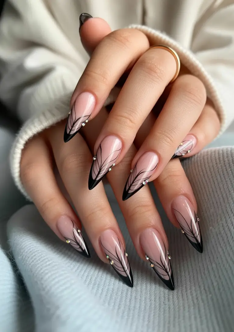 Fall stiletto nails 2025 Gothic Petals with Midnight Veins