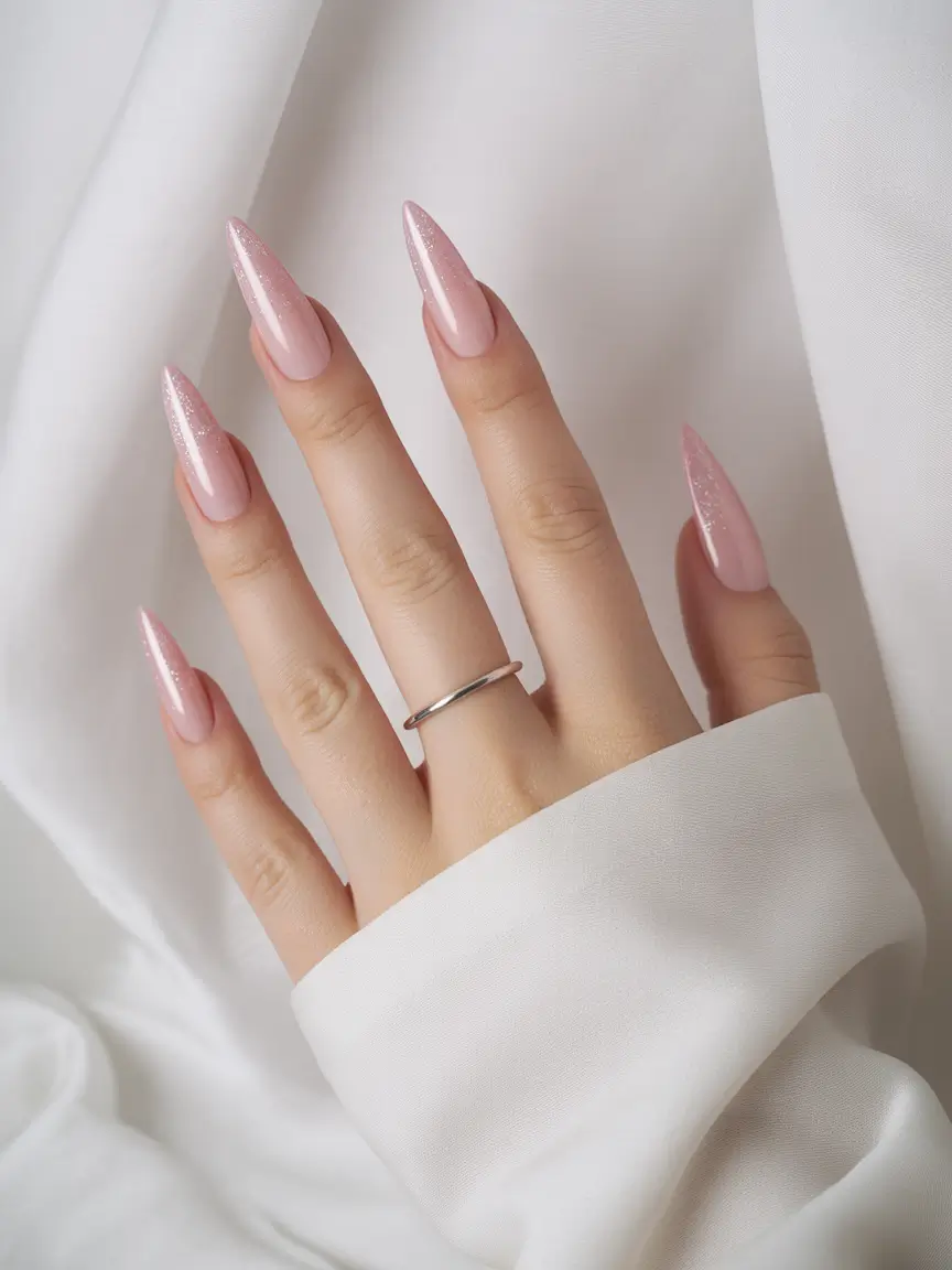 Fall stiletto nails 2025 Soft Pink Glow with Subtle Sparkle