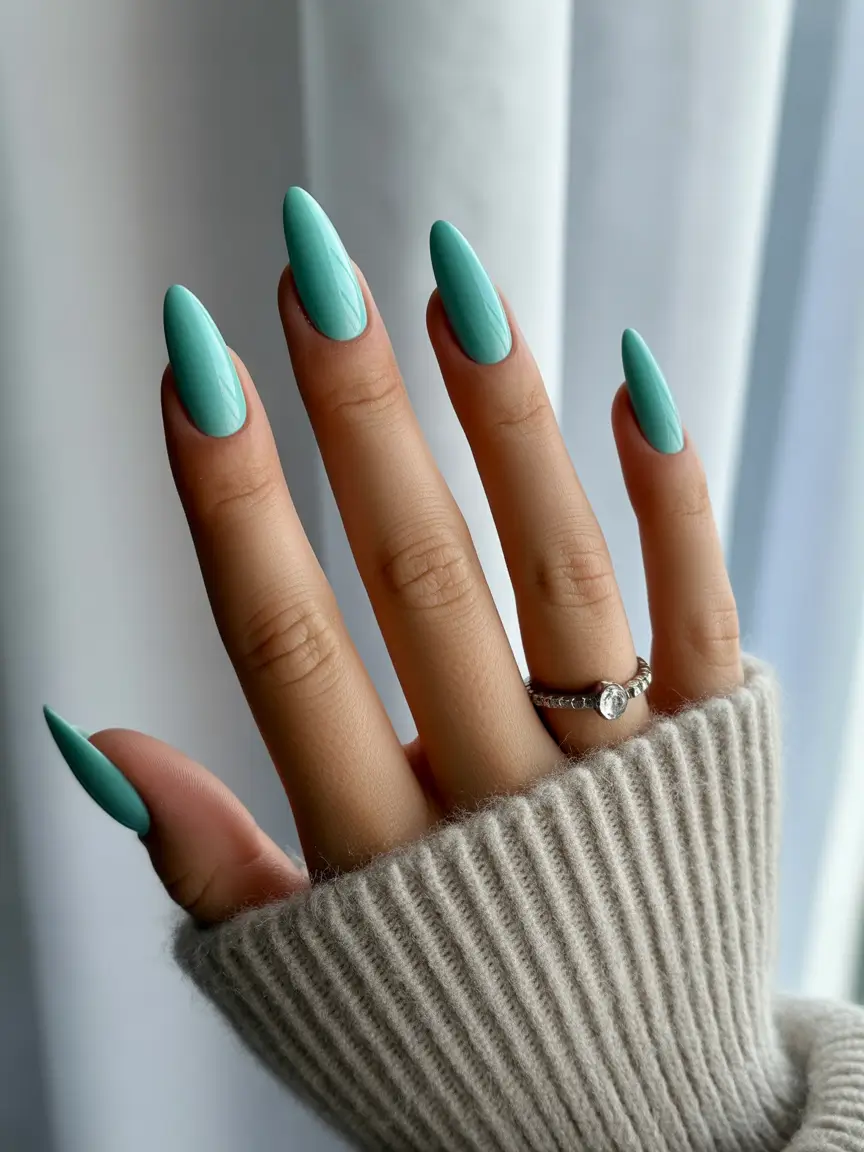 Fall stiletto nails 2025 Muted Teal for Sweater Weather Minimalism