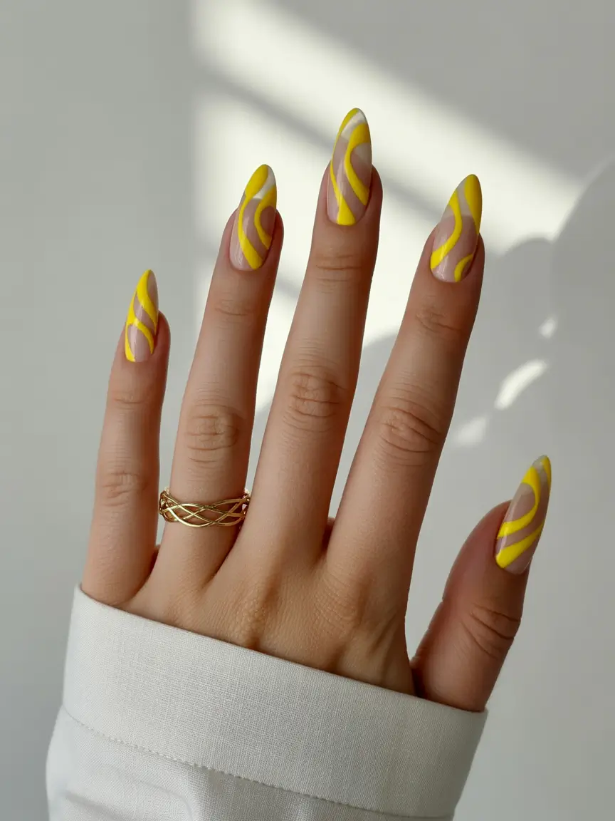 Fall stiletto nails 2025 Playful Yellow Waves on Bare Tips