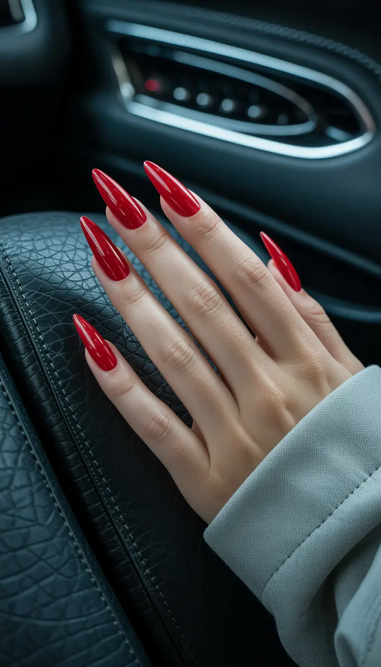 Fall stiletto nails 2025 Classic Ruby Red in Luxury Length