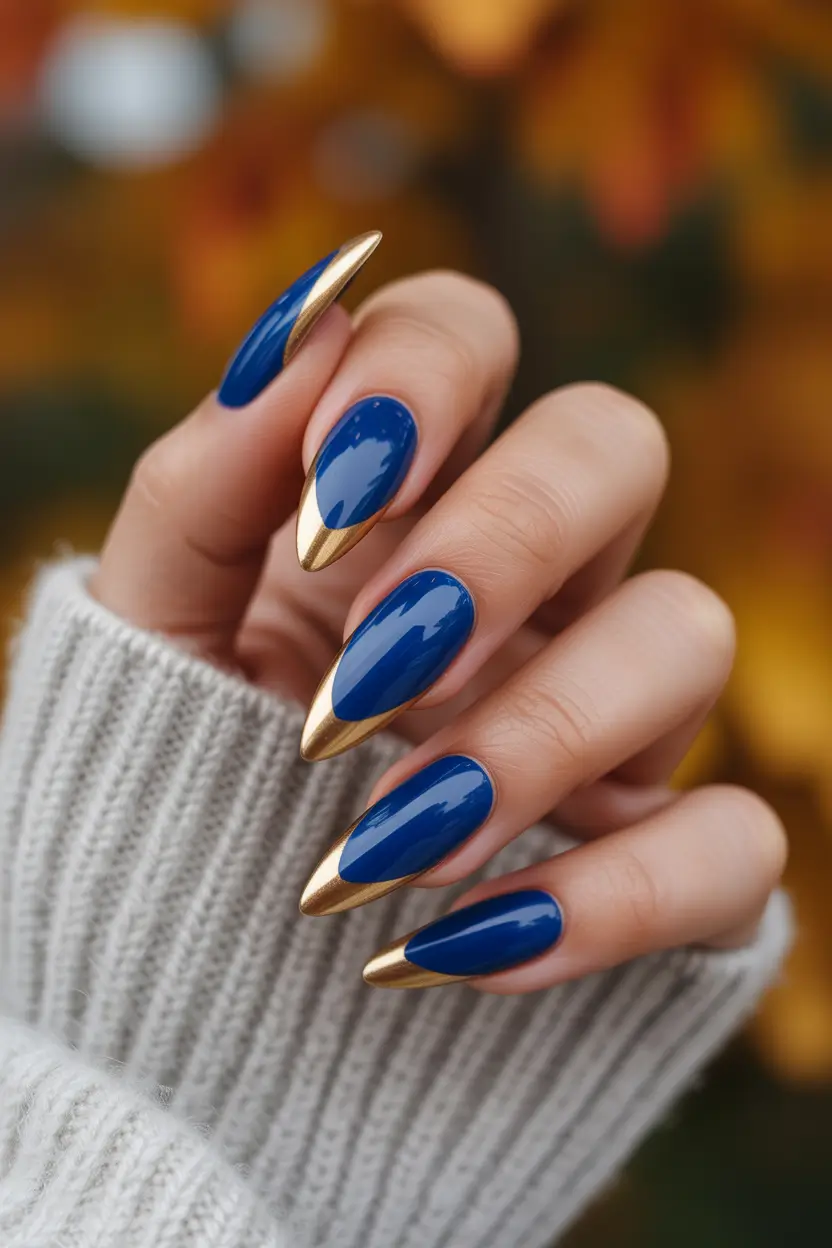 Fall Stiletto Nails 2025 Royal Blue with Gilded Precision